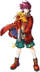 Rule 34 | 1boy, ahoge, blue eyes, coat, collar, frown, full body, green shorts, gun, jpeg artifacts, jude maverick, male focus, official art, ooba wakako, red hair, shoes, short hair, shorts, simple background, socks, solo, weapon, white background, wild arms, wild arms 4