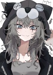 Rule 34 | 1girl, animal ears, animal hood, arknights, arm up, black jacket, blue eyes, blush, button eyes, buttons, collarbone, earrings, fish, grey hair, grey shirt, hair between eyes, hood, itoh yamori, jacket, jewelry, lappland (arknights), large buttons, open clothes, open jacket, paw print, scar, scar across eye, scar on face, shirt, sidelocks, single earring, slit pupils, strapless, sweat, tube top, unzipped, upper body, wavy hair, white background, wolf ears, wolf girl