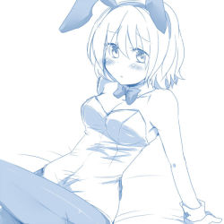 Rule 34 | 1girl, alice margatroid, alternate costume, animal ears, aoi (annbi), bare arms, bare shoulders, blush, bow, breasts, rabbit ears, cleavage, detached collar, leotard, medium breasts, monochrome, pantyhose, playboy bunny, pout, sitting, solo, touhou