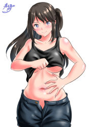 Rule 34 | 10s, 1girl, 2017, artist name, belly, blue eyes, blush, breasts, brown hair, clothes lift, dated, groin, hand on own stomach, kasugano tobari, lifting own clothes, long hair, medium breasts, navel, no bra, one side up, open fly, seiren, shirt lift, short shorts, shorts, side ponytail, signature, smile, solo, spread navel, tank top, tsuneki hikari, unbuttoned, underboob, white background