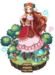 Rule 34 | 1girl, alpha transparency, brown hair, bug, butterfly, dress, faux figurine, flower, freyja (makai wars), full body, green eyes, hand on own hip, harada takehito, bug, long hair, makai wars, official art, smile, solo, stairs, transparent background, tree, wavy hair