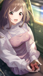 Rule 34 | 1girl, :d, black pantyhose, blurry, blurry background, blush, box, brown hair, car interior, commentary request, depth of field, dress, gift, gift box, holding, holding gift, idolmaster, idolmaster shiny colors, jacket, long hair, looking at viewer, o (rakkasei), off shoulder, open clothes, open jacket, open mouth, pantyhose, pink dress, red eyes, ribbed sweater, sitting, sleeveless, sleeveless dress, smile, solo, sparkle, sweater, tsukioka kogane, turtleneck, turtleneck sweater, white jacket, white sweater