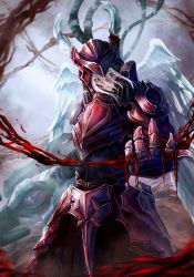 Rule 34 | 1girl, absurdres, armor, blood, breastplate, closed mouth, cowboy shot, craszh, full armor, gauntlets, grey background, helm, helmet, highres, horns, long hair, overlord (maruyama), red armor, shalltear bloodfallen, shoulder armor, white hair, white wings, wings