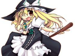 Rule 34 | 1girl, blonde hair, blush, bow, braid, broom, brown eyes, curiosities of lotus asia, female focus, frills, hair bow, hat, hat bow, kirisame marisa, long hair, one eye closed, open mouth, side braid, single braid, solo, take tonbo, touhou, witch, witch hat, wrist cuffs