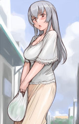 Rule 34 | 00s, 1girl, blush, breasts, casual, large breasts, long hair, aged up, rozen maiden, silver hair, solo, suigintou, tsuda nanafushi