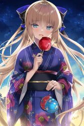 Rule 34 | 1girl, ahoge, blonde hair, blue eyes, blue kimono, bow, breasts, candy apple, fate/grand order, fate (series), floral print, food, hair bow, highres, ikegami akane, japanese clothes, kimono, long hair, long sleeves, looking at viewer, medium breasts, night, night sky, obi, open mouth, sash, sky, smile, solo, star (sky), aesc (fate), very long hair, water balloon, wide sleeves