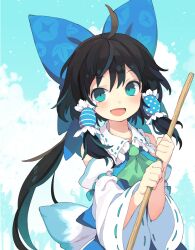 Rule 34 | 1girl, absurdres, ascot, bare shoulders, black hair, blue bow, blue eyes, blush, bow, detached sleeves, green ascot, hair bow, hair tubes, hakurei reimu, highres, japanese clothes, long hair, looking at viewer, morino hon, nontraditional miko, open mouth, ribbon-trimmed sleeves, ribbon trim, sidelocks, smile, solo, touhou, upper body, white sleeves, wide sleeves