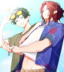 Rule 34 | 2boys, absurdres, araki (utaite), beads, blue jacket, brown pants, closed eyes, closed mouth, clothes lift, clothes pull, gero, glasses, green hair, green shirt, highres, indie utaite, jacket, jewelry, male focus, midriff, multiple boys, navel, necklace, nyannyan 321, pants, red eyes, red hair, shirt, shirt lift, shirt pull, short hair, smile, stomach, tassel, teeth, wet, white shirt, yellow-framed eyewear