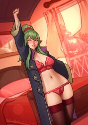 Rule 34 | 1girl, absurdres, arm up, arms up, bed, bed sheet, bedroom, blush, bra, breasts, choker, coat, collarbone, cosplay, curtains, deilan12, eyebrows, eyelashes, female focus, fire emblem, fire emblem awakening, fire emblem heroes, green eyes, green hair, hair between eyes, hair ribbon, highres, lace, lace-trimmed bra, lace-trimmed legwear, lace-trimmed panties, lace trim, large breasts, lingerie, lips, lipstick, long bangs, long hair, looking at viewer, makeup, navel, nintendo, nipples, one eye closed, open window, panties, parted bangs, parted lips, pillow, pointy ears, ponytail, red bra, red panties, red ribbon, red thighhighs, ribbon, robin (fire emblem), robin (fire emblem) (cosplay), smile, solo, stretching, sunlight, teeth, thighhighs, thighs, tiki (fire emblem), tree, underwear, very long hair, wide hips, wind, window, wink
