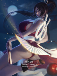 Rule 34 | 1girl, arm behind back, ass, bare shoulders, black hair, breasts, brown eyes, commentary, english commentary, fatal fury, folded fan, folding fan, from side, hand fan, high ponytail, highres, huge breasts, japanese clothes, large breasts, long hair, looking at viewer, looking to the side, moon, night, night sky, ninja, parted lips, pelvic curtain, ponytail, rain wzq, red footwear, revealing clothes, rope, shiranui mai, sideboob, sky, snk, snk heroines: tag team frenzy, solo, the king of fighters, thighs, thong