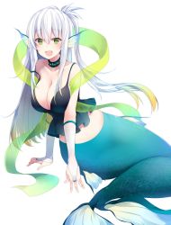Rule 34 | :d, absurdres, bad id, bad twitter id, black camisole, black choker, blush, breasts, bridal gauntlets, camisole, choker, cleavage, fang, fins, gloves, green eyes, hair between eyes, head fins, highres, large breasts, long hair, looking at viewer, mermaid, monster girl, one side up, open mouth, original, simple background, skin fang, smile, solo, suruga (xsurugax), white background, white gloves, white hair