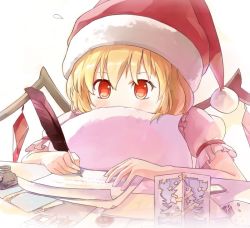 Rule 34 | 1girl, alternate headwear, arctic, bad id, bad pixiv id, blonde hair, card, christmas tree, feathers, female focus, flandre scarlet, hat, inkwell, paper, pillow, quill, red eyes, santa hat, short hair, solo, touhou, wings, writing