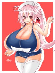 Rule 34 | 10s, 1girl, alternate breast size, ayazumi flutter, blue one-piece swimsuit, blush, breasts, cleavage, collarbone, female focus, gigantic breasts, harusame (kancolle), hat, kantai collection, long hair, looking at viewer, one-piece swimsuit, pink hair, plump, red eyes, school swimsuit, side ponytail, sideboob, simple background, solo, standing, swimsuit, thighhighs, white thighhighs