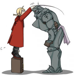 Rule 34 | 2boys, alphonse elric, armor, brothers, edward elric, fullmetal alchemist, height difference, lowres, multiple boys, pai (1111), headpat, siblings, suitcase