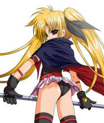 Rule 34 | 00s, 1girl, arm strap, ass, bardiche (nanoha), belt, belt bra, belt skirt, black gloves, black thighhighs, blonde hair, buckle, cape, covered mouth, fate testarossa, fate testarossa (original form), flat chest, from side, gloves, hair ribbon, holding, holding weapon, leotard, long hair, looking at viewer, looking back, lyrical nanoha, magical girl, mahou shoujo lyrical nanoha, mahou shoujo lyrical nanoha a&#039;s, microskirt, panties, pantyshot, parted bangs, pleated skirt, polearm, profile, red eyes, ribbon, sidelocks, simple background, skirt, solo, studded belt, thigh strap, thighhighs, twintails, underwear, upskirt, very long hair, weapon, white background