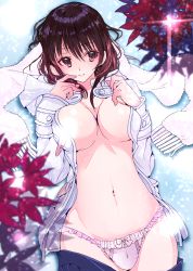 Rule 34 | 1girl, akiyama sunao, bad id, bad pixiv id, black hair, black skirt, bow, bow panties, bra, breasts, brown eyes, brown hair, cleavage, closed mouth, clothes pull, coat, day, eyebrows, frilled panties, frills, fringe trim, from above, gradient hair, groin, hair between eyes, hands up, highres, large breasts, leaf, long hair, long sleeves, lying, midriff, miniskirt, multicolored hair, navel, no bra, on back, open clothes, open coat, original, outdoors, panties, pink bra, pink panties, scarf, skirt, skirt down, smile, snow, solo, stomach, underwear, white scarf