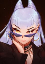 Rule 34 | 1girl, anntan, asymmetrical bangs, black choker, black suit, blue eyeshadow, business suit, center opening, choker, claw (weapon), close-up, closed mouth, cone hair bun, dark background, demon, demon girl, diamond-shaped pupils, diamond (shape), earrings, evelynn (league of legends), eyeshadow, formal, gold earrings, hair bun, hand on own face, highres, hoop earrings, jewelry, k/da (league of legends), league of legends, long hair, looking at viewer, makeup, necklace, one eye closed, pink lips, purple-tinted eyewear, rimless eyewear, solo, suit, symbol-shaped pupils, the baddest evelynn, tinted eyewear, tooth necklace, weapon, white hair, yellow eyes