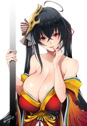 Rule 34 | 1girl, ahoge, azur lane, bare shoulders, black hair, blush, breasts, cleavage, collarbone, crossed bangs, dated, eyes visible through hair, feathers, hair between eyes, hair ornament, hair ribbon, hand on own face, head tilt, highres, huge breasts, japanese clothes, kimono, large breasts, long hair, looking at viewer, mask, mask on head, mine (wizard), obi, off shoulder, open mouth, red eyes, red kimono, ribbon, sagging breasts, sash, sidelocks, simple background, skindentation, smile, solo, taihou (azur lane), upper body, very long hair, white background, wide sleeves