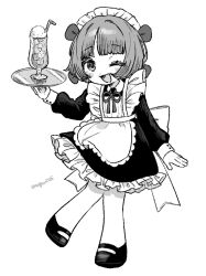 Rule 34 | 1girl, ;d, alternate costume, apron, arm at side, artist name, back bow, black jack (series), blush, bob cut, bow, collared dress, cup, dress, drink, drinking glass, drinking straw, enmaided, enugani05, food, frilled apron, frilled dress, frills, full body, greyscale, hair bow, hand up, highres, holding, holding tray, ice cream, ice cream float, long sleeves, maid, maid apron, maid headdress, mary janes, melon soda, monochrome, multiple hair bows, neck ribbon, one eye closed, open mouth, pinoko, ribbon, shoes, short hair, simple background, sleeve cuffs, smile, solo, tray, twitter username, wing collar