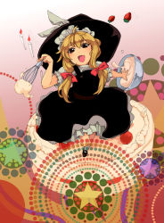 Rule 34 | 1girl, bad id, bad pixiv id, batter, blonde hair, cake, cooking, female focus, food, fruit, gradient background, hair ribbon, hat, kirisame marisa, lovecom, pastry, ribbon, solo, strawberry, touhou, whisk, white background, witch, witch hat