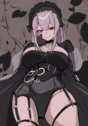 Rule 34 | 1girl, ahichiru, black choker, black dress, breasts, choker, cleavage, commentary, cracked skin, doll joints, dress, english commentary, frills, from below, garter straps, gothic lolita, hair between eyes, hairband, highres, indie virtual youtuber, joints, jowol, large breasts, lolita fashion, lolita hairband, long hair, long sleeves, looking at viewer, mannequin, pink hair, red eyes, sketch, smile, solo, thighs, very long hair, virtual youtuber