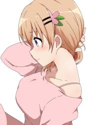 Rule 34 | 1girl, blush, breasts, brown hair, closed mouth, collarbone, commentary request, from side, gochuumon wa usagi desu ka?, hair ornament, hairclip, highres, holding, holding own hair, hoto cocoa, medium breasts, medium hair, nape, profile, purple eyes, riyo (aokiwazumi), simple background, solo, upper body, white background