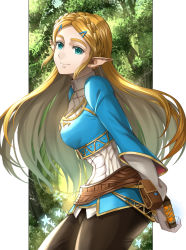 Rule 34 | 1girl, aqua eyes, arms behind back, bag, blonde hair, blue shirt, border, braid, brown bag, brown pants, closed mouth, commentary request, crown braid, delsaber, hair ornament, hairclip, holding, long hair, looking at viewer, nintendo, outside border, pants, pillarboxed, pointy ears, princess zelda, satchel, sheikah slate, shirt, smile, solo, the legend of zelda, the legend of zelda: breath of the wild, tree, white border
