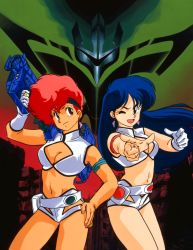 Rule 34 | 1980s (style), 2girls, armlet, blue eyes, blue hair, breasts, cleavage, cowboy shot, dark-skinned female, dark skin, dirty pair, earrings, gloves, gun, hand on own hip, headband, highres, holding, holding gun, holding weapon, jewelry, kei (dirty pair), long hair, looking at viewer, medium breasts, midriff, multiple girls, navel, non-web source, official art, oldschool, one eye closed, open mouth, outstretched arm, pointing, pointing at viewer, red eyes, red hair, retro artstyle, ruins, short hair, single glove, weapon, yuri (dirty pair)