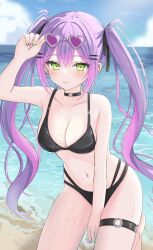 Rule 34 | 1girl, absurdres, bare shoulders, beach, bikini, black bikini, black choker, blush, breasts, choker, cleavage, collarbone, colored inner hair, commentary, demon girl, ear piercing, eyewear on head, gradient hair, green eyes, hair ornament, hairclip, highres, hololive, large breasts, long hair, looking at viewer, multicolored hair, navel, o-ring, o-ring choker, o-ring thigh strap, ocean, outdoors, piercing, pink hair, pointy ears, purple hair, smile, solo, streaked hair, swimsuit, tamamorh, thigh strap, tokoyami towa, twintails, virtual youtuber, water