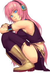 Rule 34 | 1girl, aqua eyes, armband, bad id, bad pixiv id, bare shoulders, black skirt, black theme, black thighhighs, blue eyes, boots, breast press, breasts, crossed arms, female focus, from side, headphones, hugging own legs, large breasts, lips, long hair, long skirt, looking at viewer, megurine luka, midriff, panties, pantyshot, pink hair, simple background, skirt, sleeveless, solo, squatting, thighhighs, underwear, upskirt, very long hair, vocaloid, white background, yellow footwear, yuuji (and)