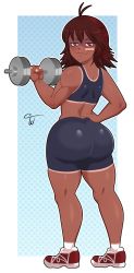 Rule 34 | 1girl, absurdres, ahoge, aqua background, ass, bandaid, bandaid on face, barbell, bare shoulders, bike shorts, blush, brown eyes, brown hair, dark-skinned female, dark skin, dumbbell, exercising, from behind, hand on own hip, highres, huge ass, jitome, looking at viewer, shiny clothes, shiny skin, shoes, short hair, short shorts, shorts, simple background, smile, smug, sneakers, solo, standing, tan, tanline, toned female, truewaifu, watermark, weightlifting