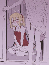 Rule 34 | 2girls, ^^^, ass, asutora, barefoot, bat wings, blonde hair, caught, caught masturbating, flandre scarlet, highres, implied after masturbation, implied masturbation, legs, looking at another, multiple girls, pointy ears, red eyes, red shirt, remilia scarlet, shirt, side ponytail, sitting, sleeveless, sleeveless shirt, standing, surprised, sweat, touhou, wings