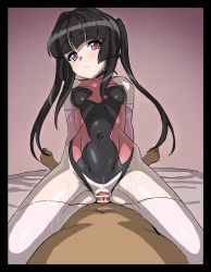Rule 34 | 1boy, 1girl, bare shoulders, black hair, blush, breasts, closed mouth, covered erect nipples, covered navel, crotch cutout, girl on top, gradient background, grinding, hetero, highres, inai uchi, leotard, long hair, looking at viewer, pink eyes, purple background, rubbing, senki zesshou symphogear, simple background, sketch, small breasts, thighhighs, tsukuyomi shirabe, white thighhighs