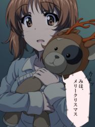 Rule 34 | 1girl, animal costume, bandages, blue shirt, boko (girls und panzer), brown eyes, brown hair, commentary request, girls und panzer, highres, holding, holding stuffed toy, key (gaigaigai123), light frown, looking at viewer, nishizumi miho, open mouth, pajamas, reindeer costume, shirt, short hair, solo, stuffed animal, stuffed toy, teddy bear, translated, upper body
