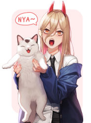 Rule 34 | + +, 1girl, animal, black necktie, blonde hair, blue jacket, blush, cat, chainsaw man, collared shirt, colored inner hair, commentary, cross-shaped pupils, demon horns, fingernails, hair between eyes, highres, holding, holding animal, holding cat, horns, jacket, long hair, long sleeves, looking at viewer, meowy (chainsaw man), multicolored hair, necktie, nyan, off shoulder, open mouth, pink hair, power (chainsaw man), sharp teeth, shirt, solo, symbol-shaped pupils, teeth, tunamayo (dsasd751), two-tone background, upper body, white shirt, yellow eyes