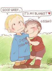 Rule 34 | 2boys, blonde hair, blue sweater, charlie brown, child, closed eyes, english text, happy, linus van pelt, male focus, multiple boys, outdoors, peanuts (comic), scenery, shoes, short hair, simple background, standing, sweater, uriko (botannabe), white background