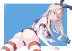 Rule 34 | 1girl, anchor hair ornament, ass, black hairband, black neckerchief, black panties, blonde hair, blue background, blue sailor collar, blue skirt, commentary request, crop top, elbow gloves, gloves, grey eyes, hair ornament, hairband, highleg, highleg panties, kantai collection, kukimaru, long hair, looking at viewer, looking back, microskirt, miniskirt, neckerchief, panties, pleated skirt, sailor collar, shimakaze (kancolle), shirt, skirt, sleeveless, sleeveless shirt, solo, striped clothes, striped thighhighs, thighhighs, twitter username, two-tone background, underwear, white gloves