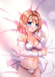 Rule 34 | 1girl, abs, bed, bikini, blue eyes, blush, breasts, brown hair, highres, looking at viewer, love live!, love live! sunshine!!, lying, on back, shirt, short hair, simple background, solo, sped4sp9, swimsuit, thighs, watanabe you, wavy hair