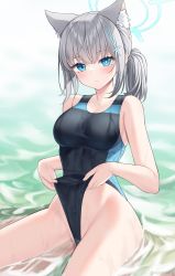 Rule 34 | 1girl, absurdres, animal ear fluff, animal ears, blue archive, blue eyes, blush, breasts, closed mouth, collarbone, competition swimsuit, grey hair, hair ornament, halo, highres, large breasts, looking at viewer, mismatched pupils, one-piece swimsuit, partially submerged, rynzfrancis, shiroko (blue archive), shiroko (swimsuit) (blue archive), sitting, solo, swimsuit, thighs, two-tone swimsuit, water, wedgie, wet