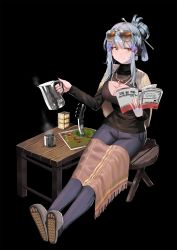 Rule 34 | 1girl, alternate costume, alternate hairstyle, bad id, bad pixiv id, black background, black shirt, book, breasts, cleavage, cleavage cutout, closed mouth, clothing cutout, coffee, combat knife, commentary request, cup, eyewear on head, folded ponytail, gameplay mechanics, girls&#039; frontline, green eyes, hair ornament, hair stick, highres, hk416 (girls&#039; frontline), holding, holding book, holding pot, ihobus, jewelry, kettle, knife, large breasts, map, mug, necklace, pants, pot, purple pants, shawl, shirt, sidelocks, silver hair, slippers, smile, solo, steam, stool, sunglasses, table, tinted eyewear, turtleneck, weapon