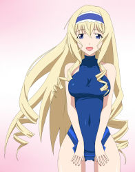 Rule 34 | 1girl, bare shoulders, blonde hair, blue eyes, blue hairband, blue leotard, breasts, cecilia alcott, covered navel, curly hair, drill hair, gluteal fold, hairband, infinite stratos, large breasts, leotard, long hair, looking at viewer, simple background, solo, turtleneck, yoshida keiji