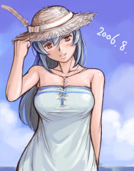 Rule 34 | 00s, 1girl, bare shoulders, beach, blush, breasts, casual, cleavage, dated, day, feathers, hat, jewelry, large breasts, necklace, aged up, rozen maiden, smile, solo, straw hat, suigintou, tsuda nanafushi