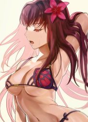 Rule 34 | anko (tkg0705), arm up, bikini, breasts, fate/grand order, fate (series), flower, hair flower, hair intakes, hair ornament, hibiscus, large breasts, long hair, looking to the side, navel, open mouth, pink bikini, purple bikini, purple hair, red eyes, scathach (fate), scathach (fate/grand order), scathach (swimsuit assassin) (fate), solo, sweat, sweatdrop, swimsuit, underboob, white background