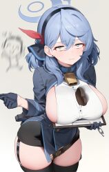 Rule 34 | 1boy, 1girl, ako (blue archive), doodle sensei (blue archive), bell, black gloves, black skirt, black thighhighs, blue archive, blue eyes, blue hair, blue jacket, bow, breasts, cowbell, earrings, frown, garter straps, gloves, gun, hair bow, half gloves, handgun, headband, highres, holding, holding notebook, jacket, jewelry, large breasts, luger p08, medium hair, notebook, pretty mundane, sensei (blue archive), sideboob, skirt, stud earrings, thighhighs, weapon