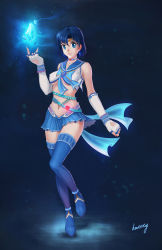 Rule 34 | 1girl, adapted costume, alternate costume, belt, bishoujo senshi sailor moon, blue background, blue bow, blue eyes, blue footwear, blue hair, blue sailor collar, blue skirt, blue theme, blue thighhighs, boots, bow, breasts, brooch, choker, crop top, earrings, elbow gloves, fingerless gloves, full body, gloves, heart, heart brooch, hentaitop, highres, ice, jewelry, looking at viewer, m/, magical girl, matching hair/eyes, medium breasts, mercury symbol, midriff, miniskirt, mizuno ami, navel, sailor collar, sailor mercury, short hair, signature, skirt, smile, solo, standing, thigh boots, thighhighs, tiara, underboob, white gloves, zettai ryouiki