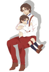 Rule 34 | 2boys, bad id, bad pixiv id, blue eyes, brown hair, butubutubutubutu, child, dual persona, fate/zero, fate (series), male focus, multiple boys, aged up, shorts, suspenders, time paradox, tohsaka tokiomi, aged down