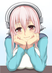 Rule 34 | 1girl, blush, breasts, deni m, hands on own cheeks, hands on own face, headphones, large breasts, long hair, looking at viewer, nitroplus, pink eyes, pink hair, smile, solo, super sonico