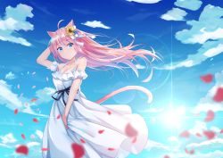 Rule 34 | 1girl, ahoge, animal ear fluff, animal ears, arm behind head, bare shoulders, blue sky, breasts, cat ears, cat girl, cat tail, cleavage, cloud, collarbone, day, dress, falling petals, flower, frilled dress, frills, hair flower, hair ornament, hair ribbon, hairclip, highres, long dress, long hair, mirufuaa, off shoulder, original, outdoors, petals, pink hair, ribbon, skirt hold, sky, solo, sun, tail, white dress, white ribbon, wind