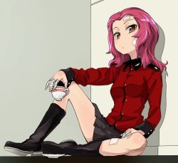 Rule 34 | 10s, 1girl, aokaze (mimi no uchi), arm on knee, bad id, bad twitter id, bandaged fingers, bandages, bandaid, bandaid on face, bandaid on leg, black footwear, black skirt, boots, brown eyes, closed mouth, commentary, cup, epaulettes, full body, girls und panzer, holding, jacket, long sleeves, looking at viewer, military, military uniform, miniskirt, parted bangs, pleated skirt, red hair, red jacket, rosehip (girls und panzer), shadow, short hair, sitting, skirt, solo, st. gloriana&#039;s military uniform, teacup, uniform