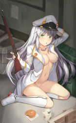 Rule 34 | 1girl, absurdres, boots, breasts, cleavage, coat, food, green eyes, gun, hallohi, hand on headwear, hat, highres, holding, holding gun, holding weapon, indoors, jewelry, knee boots, long hair, looking at viewer, medium breasts, military hat, naked coat, necklace, open mouth, original, rifle, silver hair, sitting, solo, very long hair, weapon, white footwear, white hat